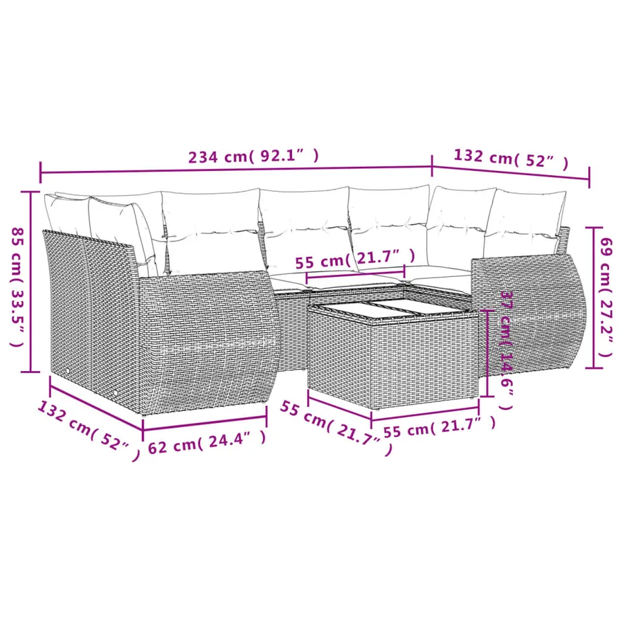 Salon de jardin 7 pcs avec coussins noir résine tressée 62 x 62 x 69 cm - 59,9 kg - 8