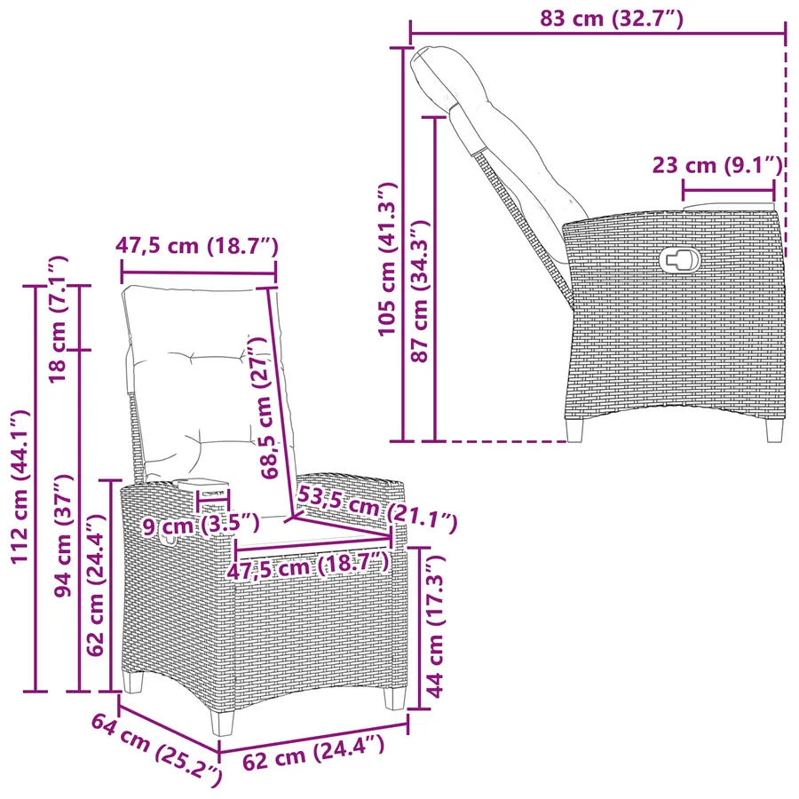 Chaise inclinable avec plateau à thé 62 x 64 x 112 cm polyrotin - 9