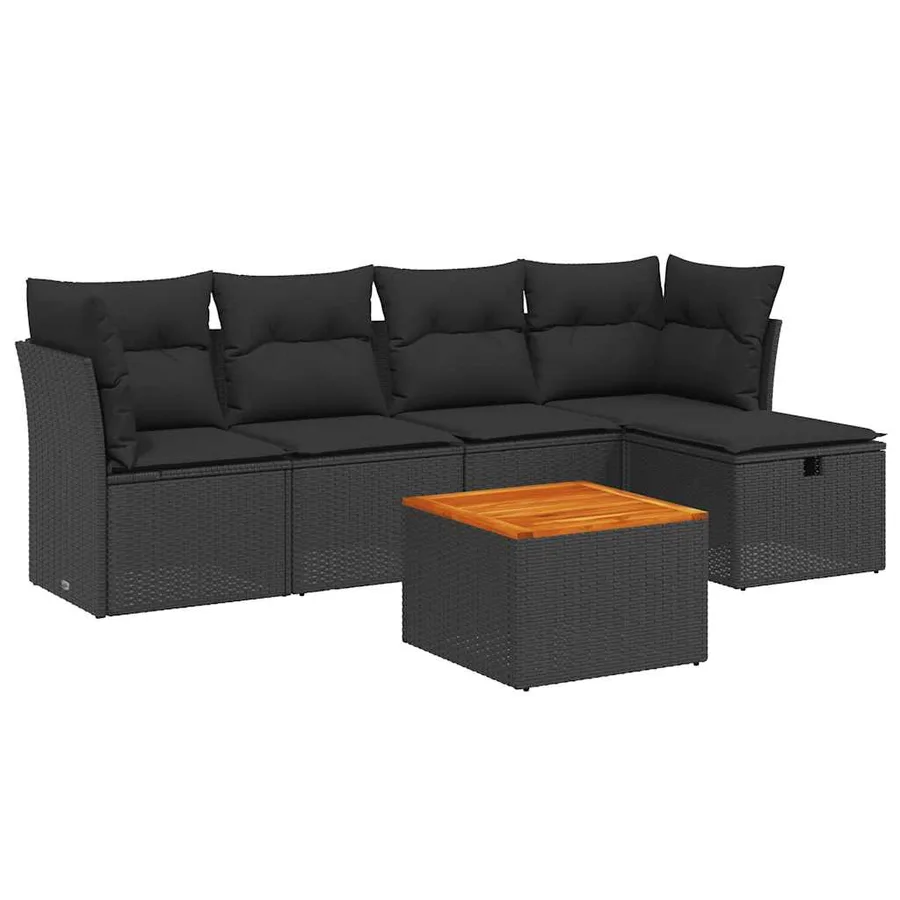 Salon de jardin 6 pcs avec coussins noir résine tressée - 2