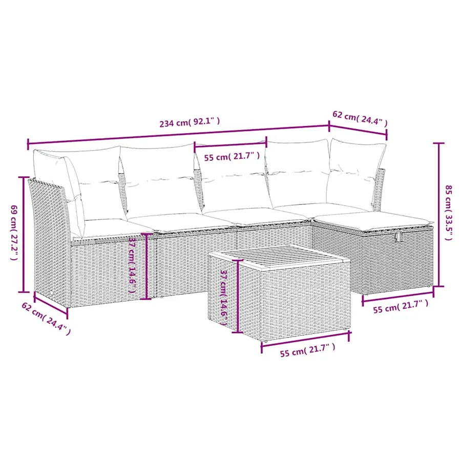 Salon de jardin 6 pcs avec coussins noir résine tressée - 4