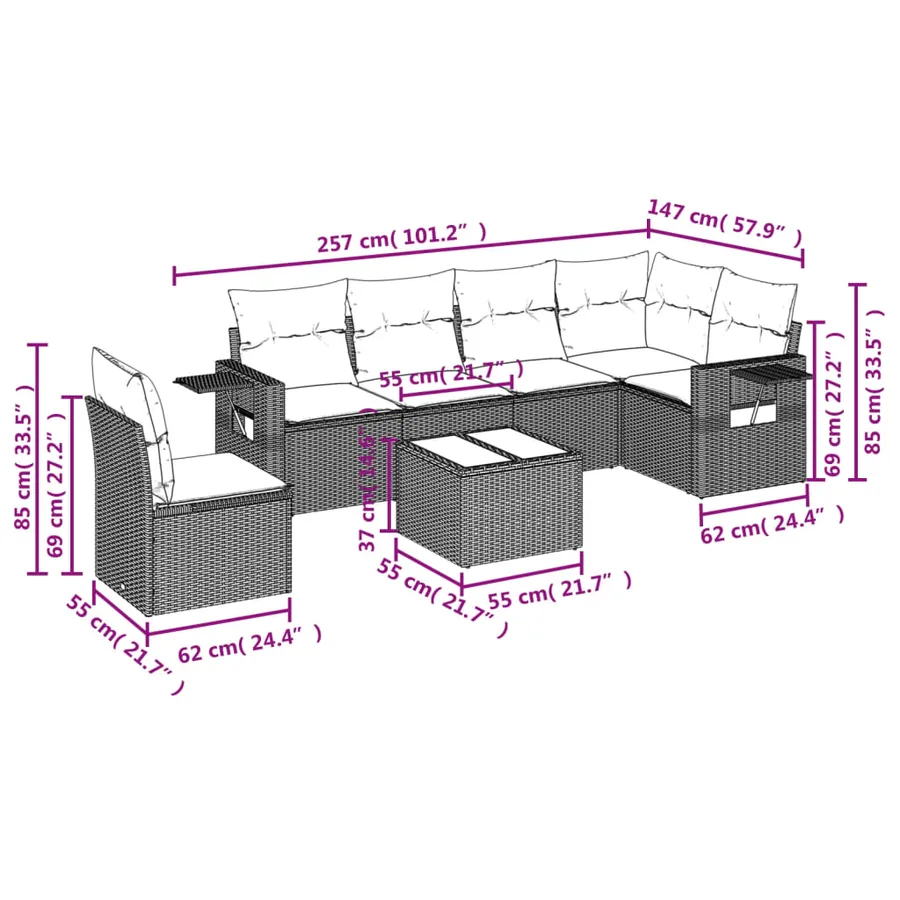 Salon de jardin 7 pcs avec coussins noir résine tressée 62 x 62 x 69 cm - 57,1 kg - 9
