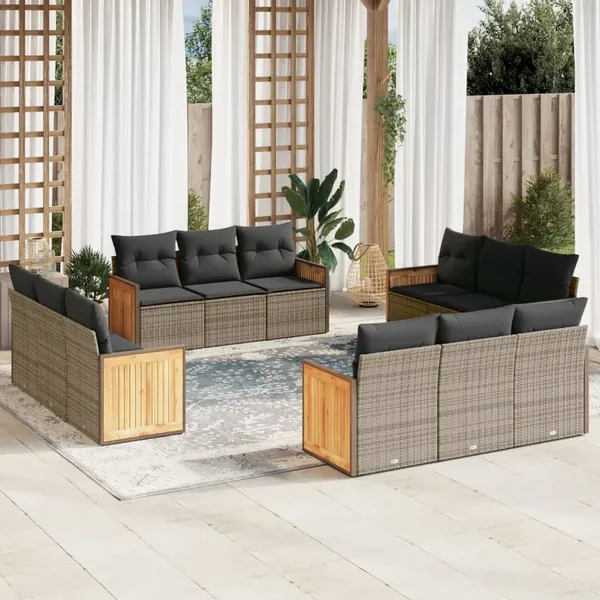 Salon de jardin avec coussins 12 pcs gris résine tressée