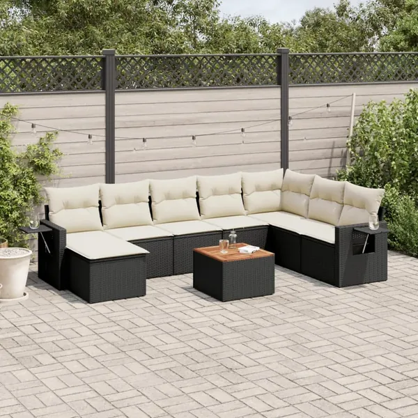 Salon de jardin 9 pcs avec coussins noir résine tressée