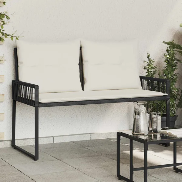 Banc extérieur avec coussin 4 pcs Noir et blanc crème polyrotin