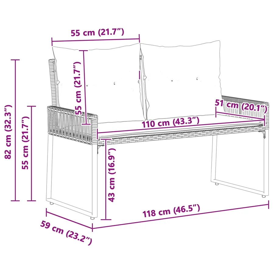 Banc extérieur avec coussin 4 pcs Noir et blanc crème polyrotin - 12