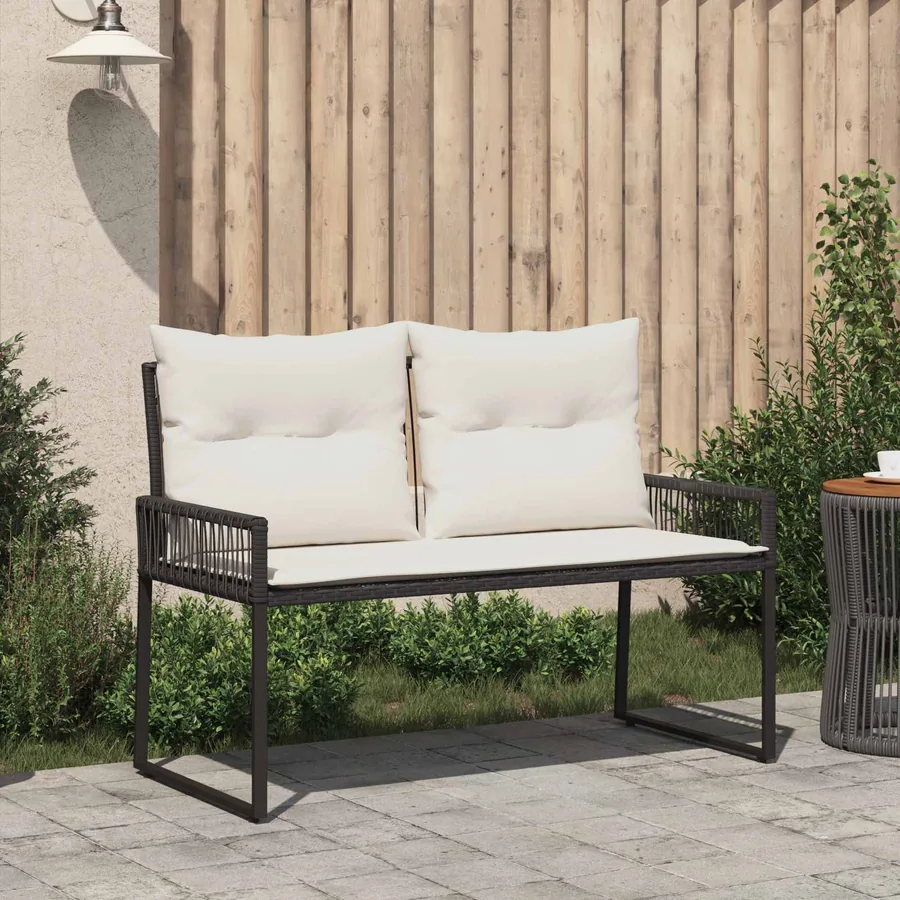 Banc extérieur avec coussin 4 pcs Noir et blanc crème polyrotin - 3