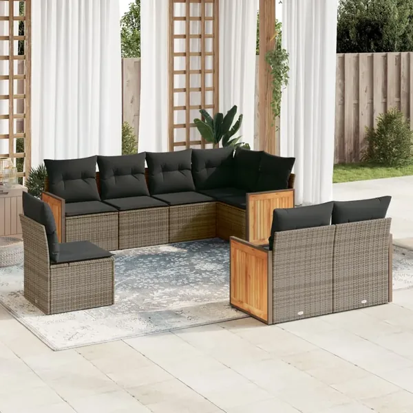 Salon de jardin 8 pcs avec coussins gris résine tressée