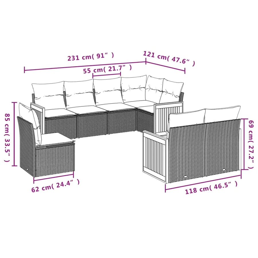 Salon de jardin 8 pcs avec coussins gris résine tressée - 7