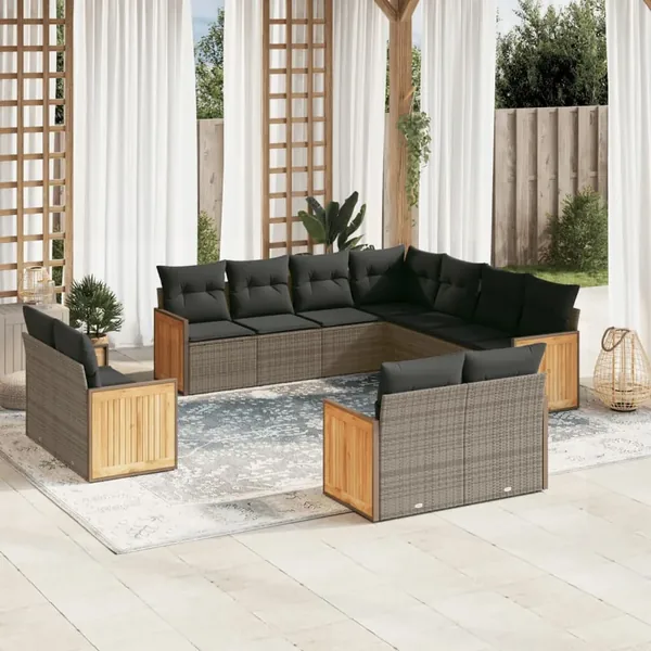 Salon de jardin 11 pcs avec coussins gris résine tressée