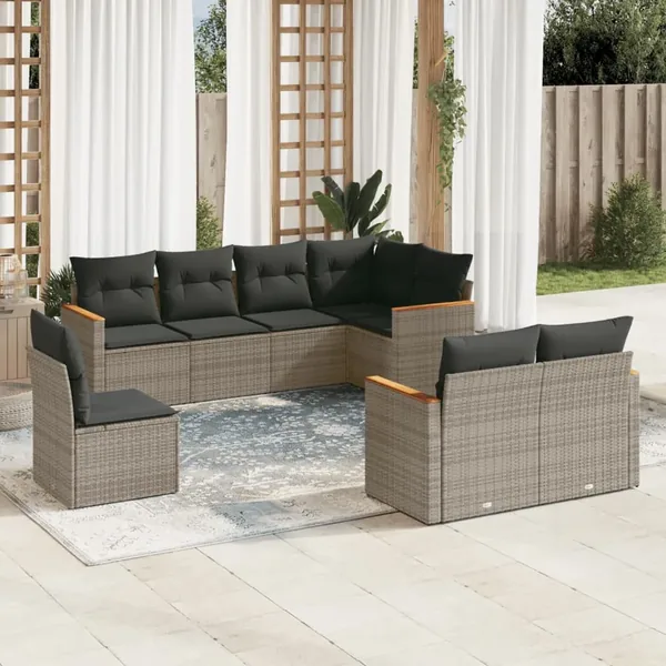 Salon de jardin 8 pcs avec coussins gris résine tressée