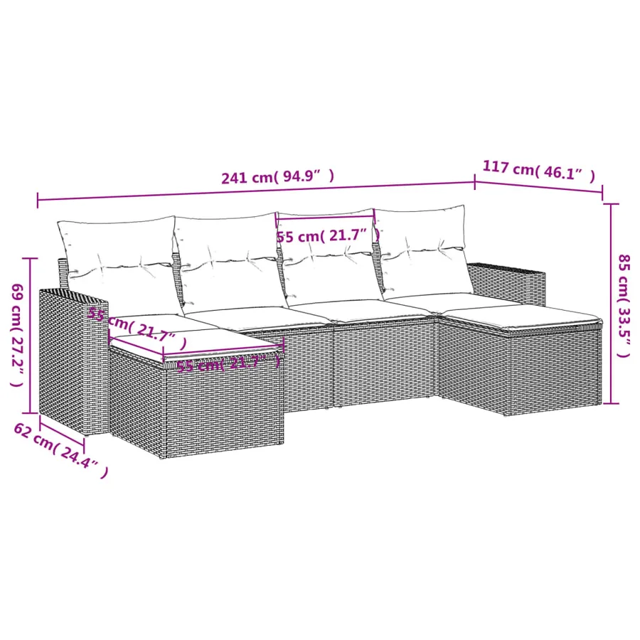 Salon de jardin 6 pcs avec coussins noir résine tressée - 3