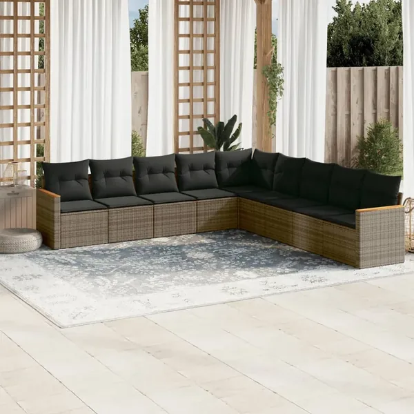 Salon de jardin 9 pcs avec coussins gris résine tressée