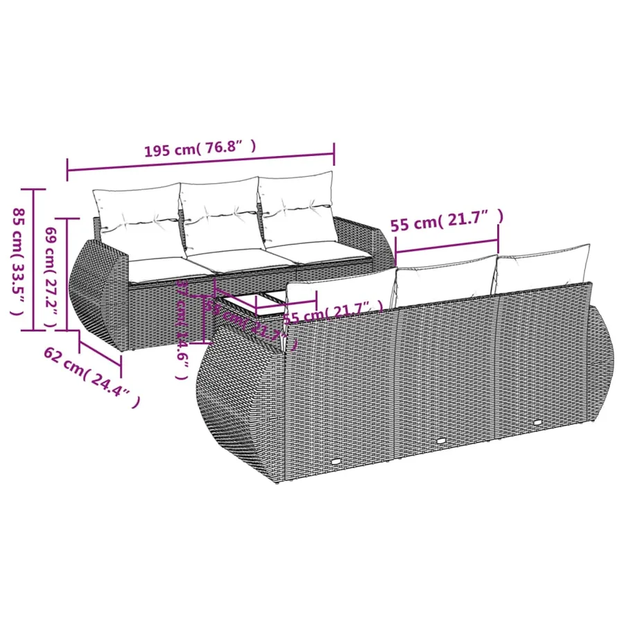 Salon de jardin 7 pcs avec coussins noir résine tressée 70 x 62 x 69 cm - 63,0 kg - 3