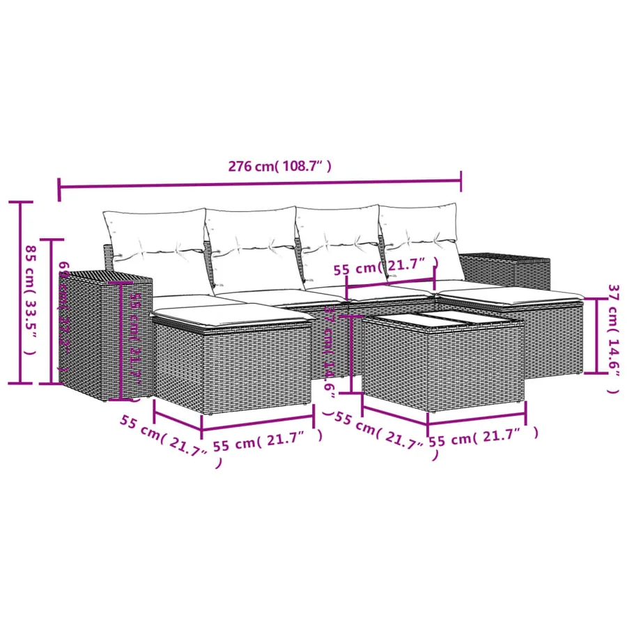Salon de jardin 7 pcs avec coussins noir résine tressée 55 x 62 x 69 cm - 58,6 kg - 3