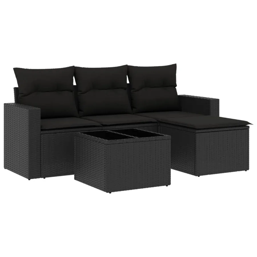 Salon de jardin 5 pcs avec coussins noir résine tressée - 2