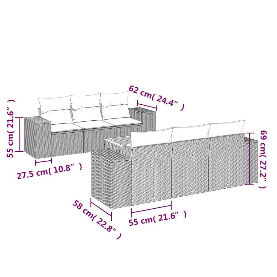 Salon de jardin 7 pcs avec coussins noir résine tressée 55 x 62 x 69 cm - 67,0 kg - 3