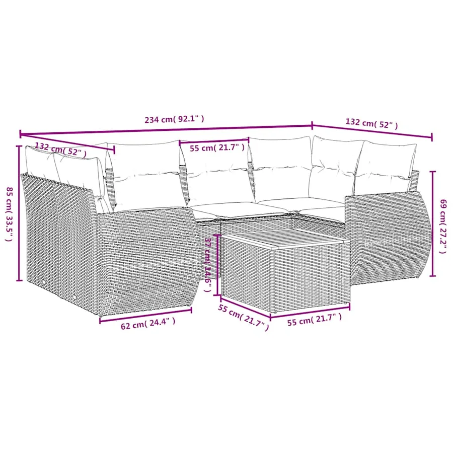 Salon de jardin 7 pcs avec coussins noir résine tressée 62 x 62 x 69 cm - 62,6 kg - 3