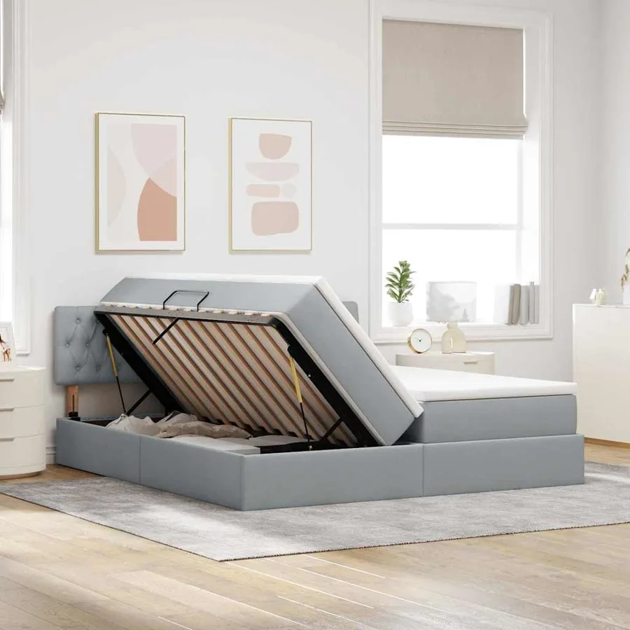 Lit de rangement LED avec matelas Gris clair 200 x 200 cm Tissu - 4