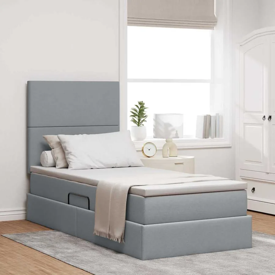 Lit avec rangement et matelas Gris clair 100 x 200 cm tissu