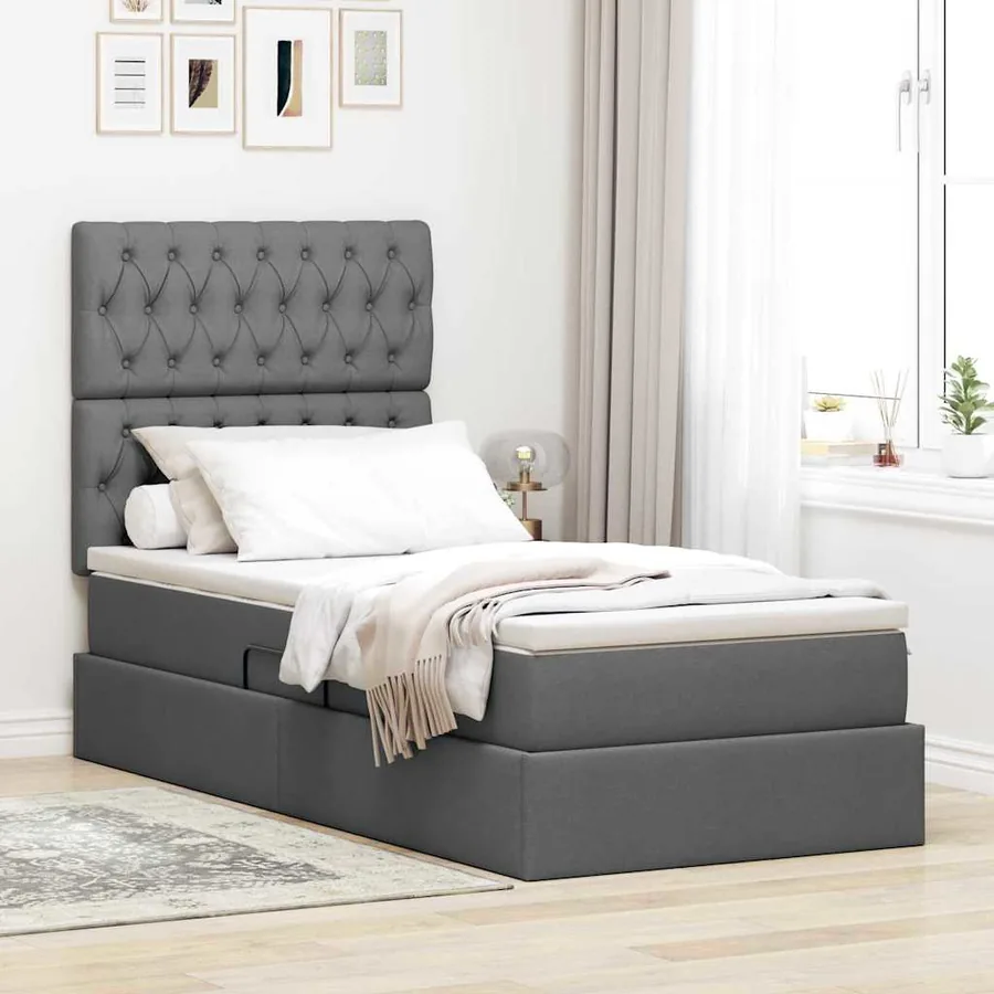 Lit de rangement LED avec matelas Gris foncé 100 x 200 cm Tissu