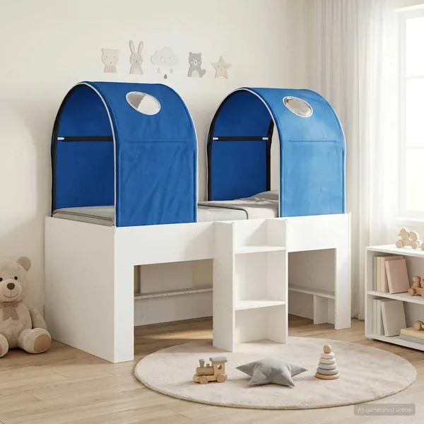 Lit avec Tunnel 3 pc Blanc et bleu Bois d'ingénierie