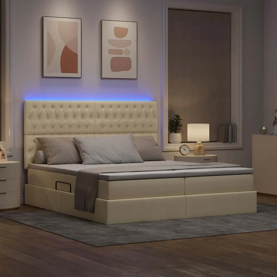 Lit de rangement LED avec matelas Crème 200 x 200 cm Tissu - 5
