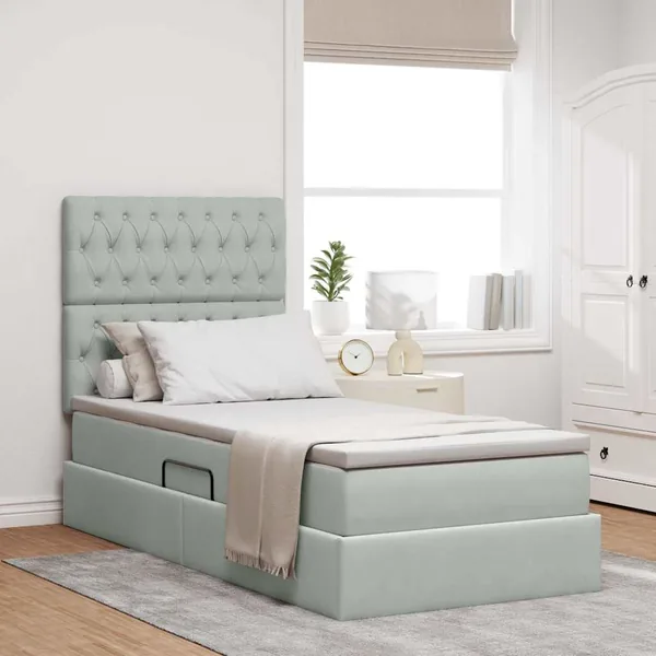 Lit avec rangement et matelas Gris clair 90 x 190 cm Velours