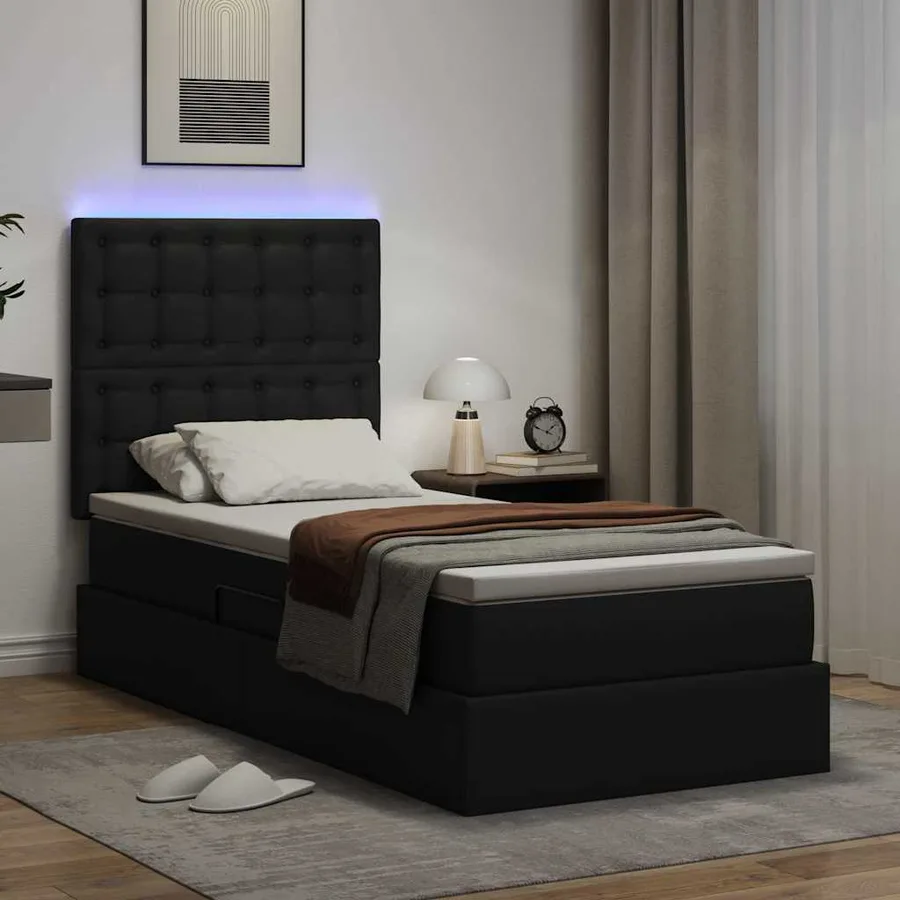 Lit avec rangement et LED Noir 100 x 200 cm Simili cuir - 5