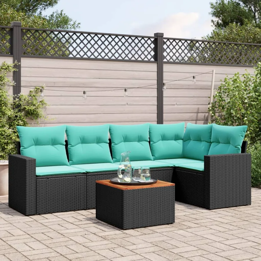 Salon de jardin 6 pcs avec coussins noir résine tressée