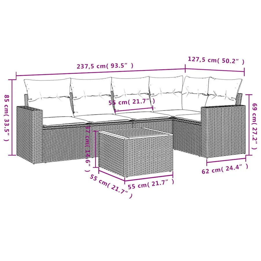 Salon de jardin 6 pcs avec coussins noir résine tressée - 12