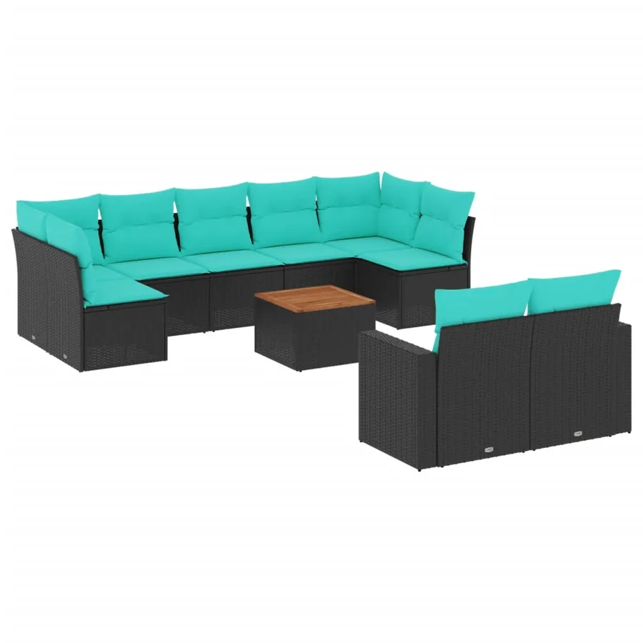 Salon de jardin 10 pcs avec coussins noir résine tressée - 2
