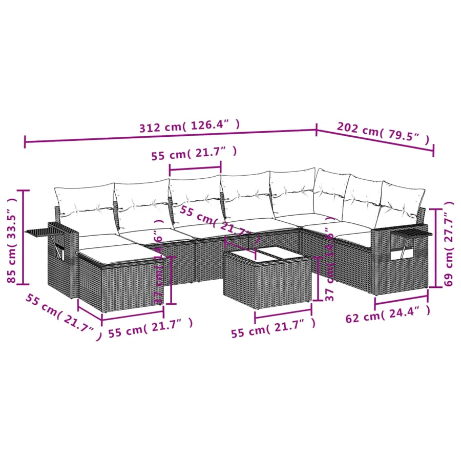 Salon de jardin avec coussins 9 pcs beige résine tressée - 10