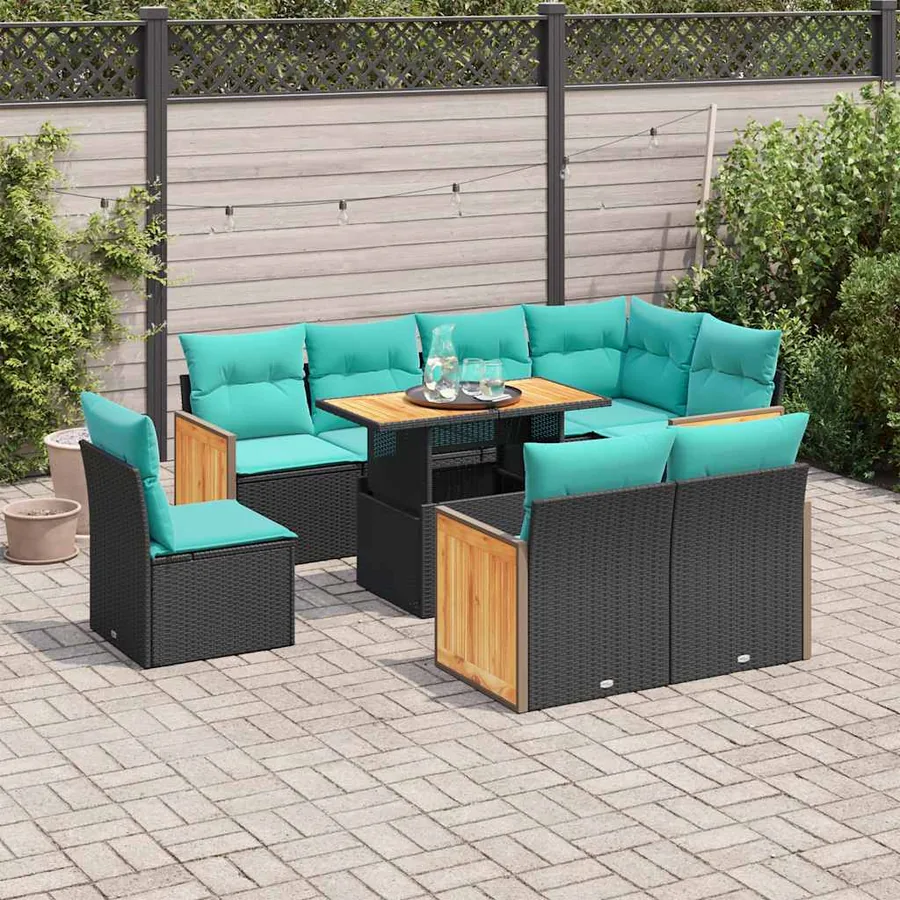 Salon de jardin avec coussins 9 pcs noir résine tressée acacia