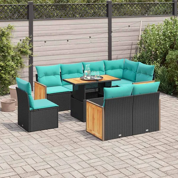 Salon de jardin avec coussins 9 pcs noir résine tressée acacia