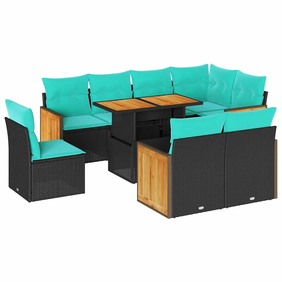 Salon de jardin avec coussins 9 pcs noir résine tressée acacia - 2