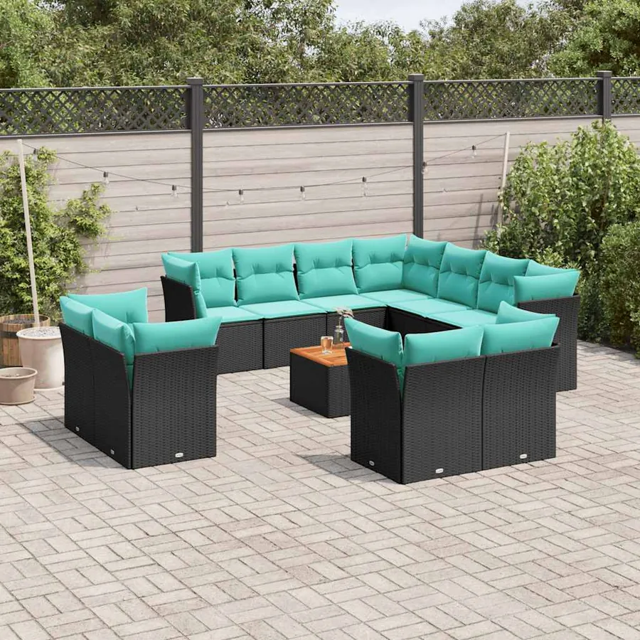 Salon de jardin avec coussins 12 pcs noir résine tressée