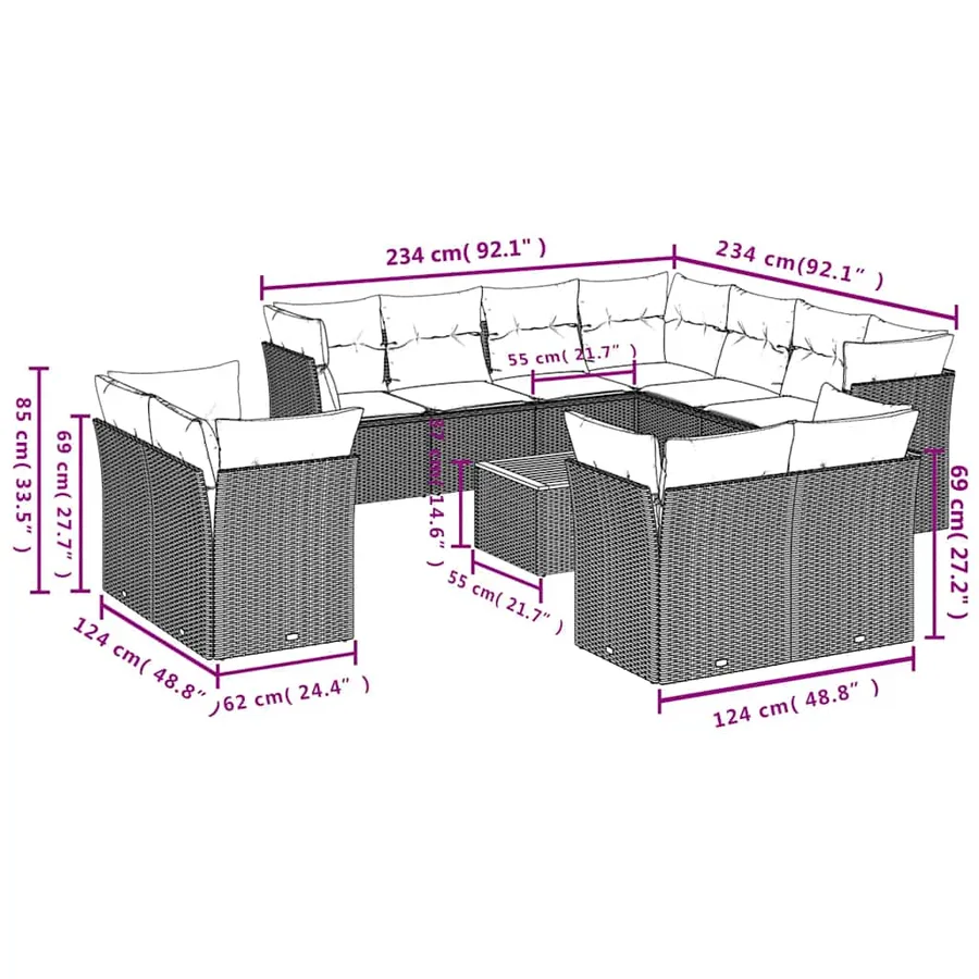 Salon de jardin avec coussins 12 pcs noir résine tressée - 10