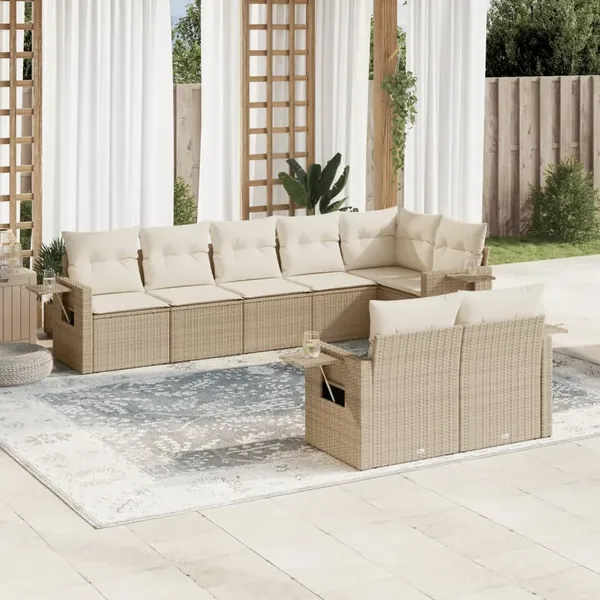 Salon de jardin avec coussins 8 pcs beige résine tressée