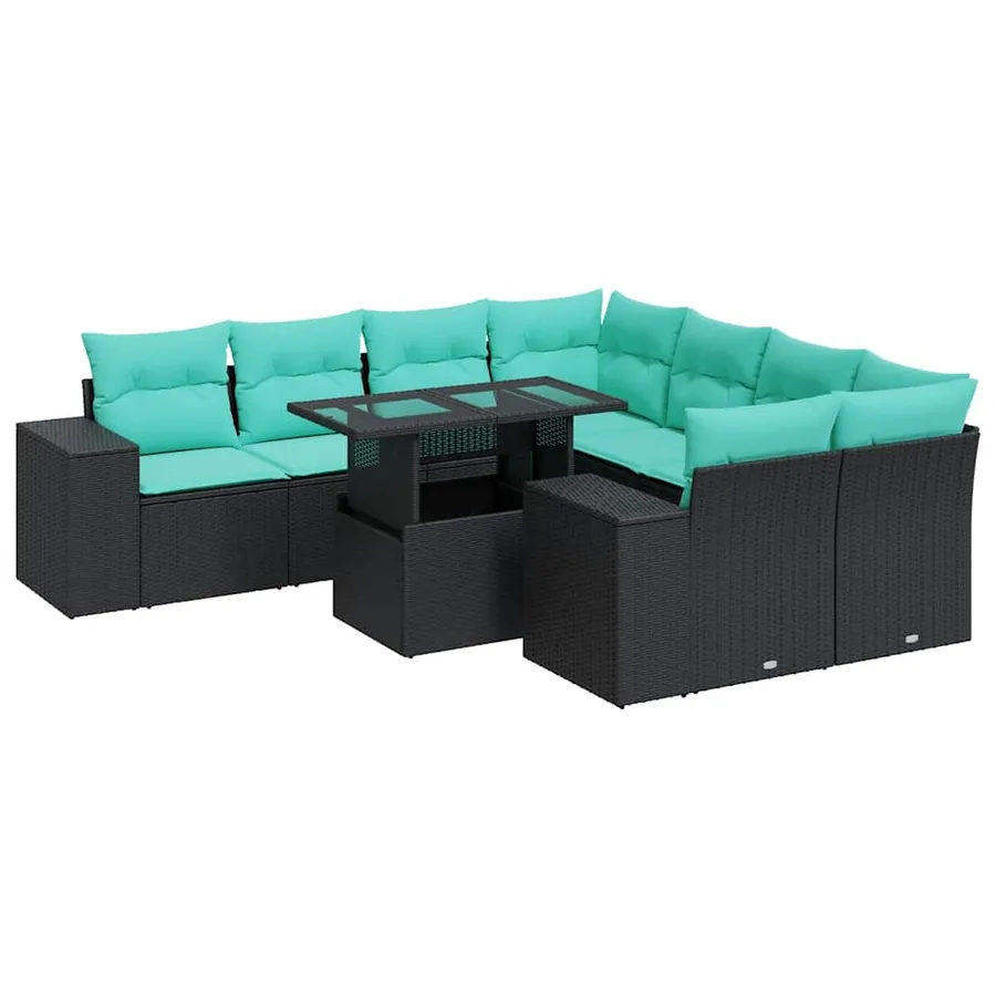 Salon de jardin avec coussins 9 pcs noir résine tressée acacia - 2