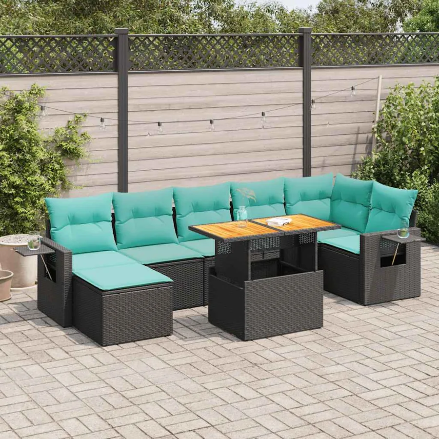 Salon de jardin 8 pcs avec coussins noir résine tressée