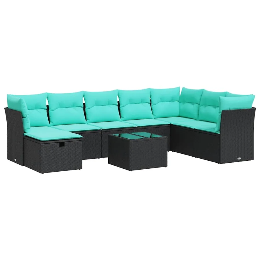 Salon de jardin 9 pcs avec coussins noir résine tressée - 2