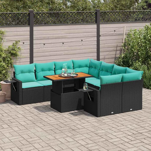 Salon de jardin 9 pcs avec coussins noir résine tressée