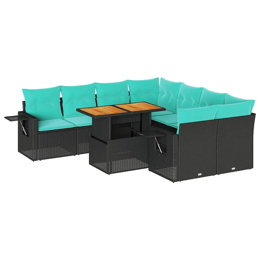 Salon de jardin 9 pcs avec coussins noir résine tressée - 2