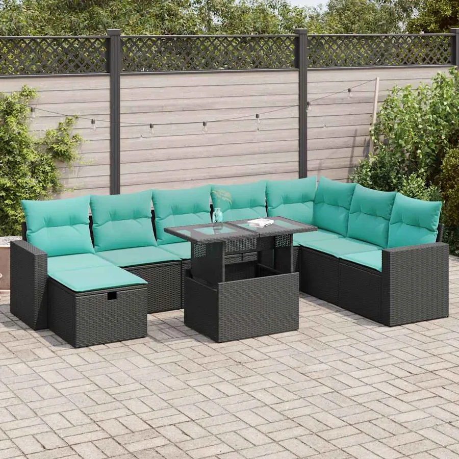 Salon de jardin avec coussins 9 pcs gris résine tressée acacia