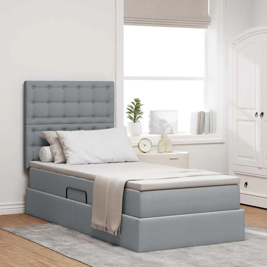 Lit de rangement LED avec matelas Gris clair 90 x 190 cm Tissu