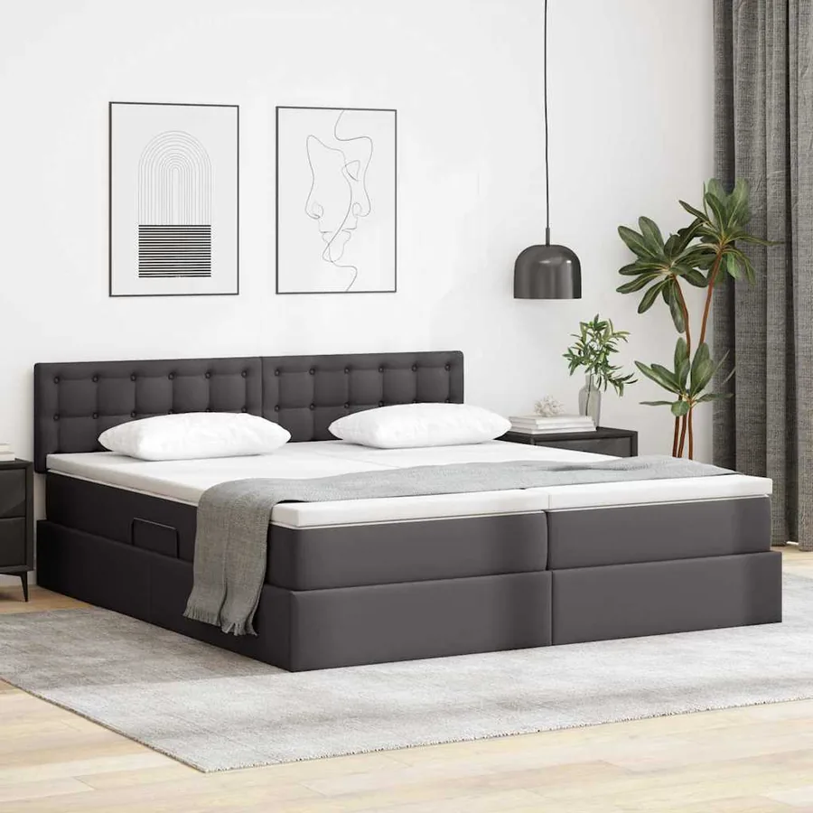 Lit avec rangement et LED Gris 200 x 200 cm Cuir synthétique