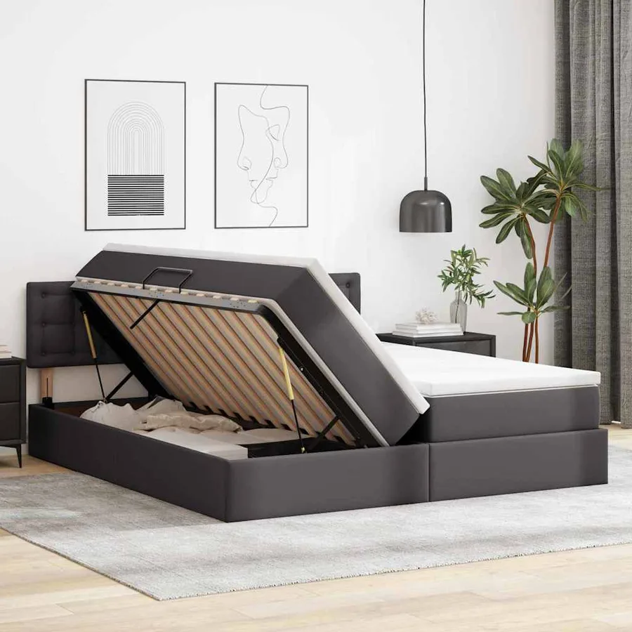 Lit avec rangement et LED Gris 200 x 200 cm Cuir synthétique - 4