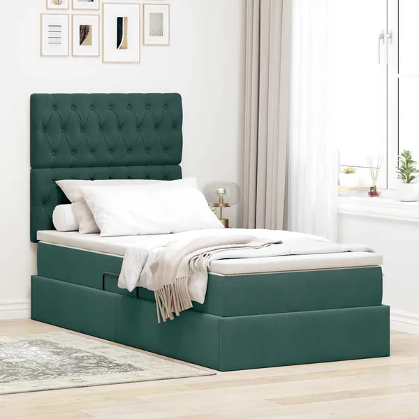 Lit de rangement LED avec matelas Vert foncé 90 x 190 cm