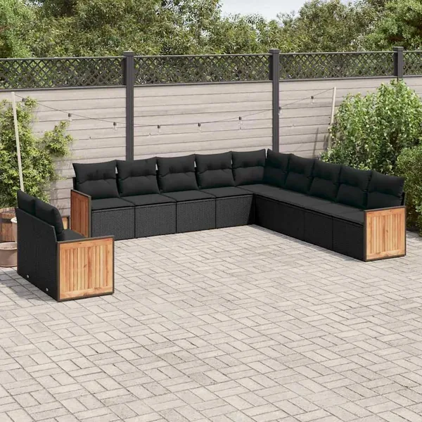 Salon de jardin 11 pcs avec coussins noir résine tressée