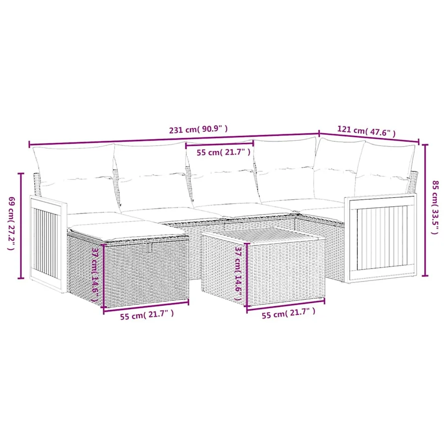 Salon de jardin 7 pcs avec coussins noir résine tressée 62 x 62 x 69 cm - 58,8 kg - 4